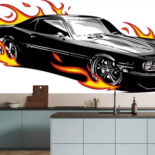 Sticker Schwarzes elegantes Auto von Flammen umgeben