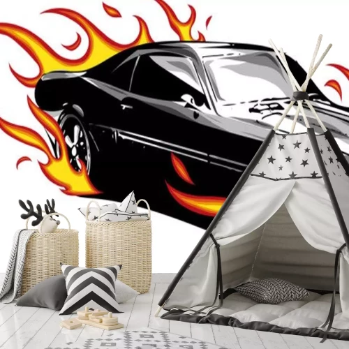 Sticker Schwarzes elegantes Auto von Flammen umgeben