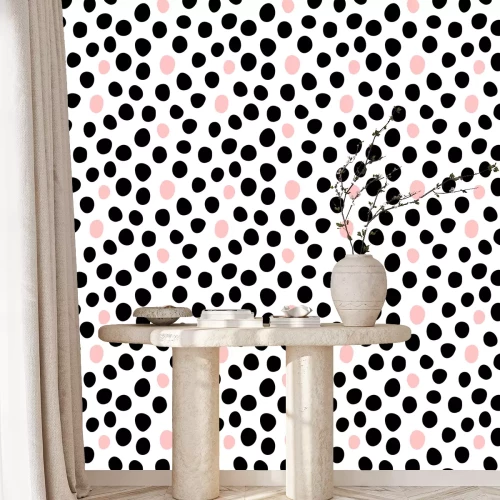 Tapete Schwarze und rosa Tupfen auf weißem Hintergrund