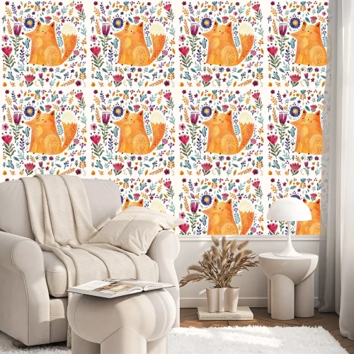 Tapete Gemalter Fuchs inmitten von bunten Blumen