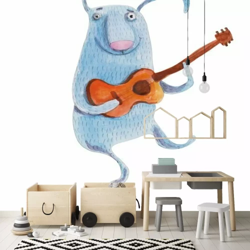 Sticker Hase mit Gitarre. Aquarellabbildung. Handzeichnung