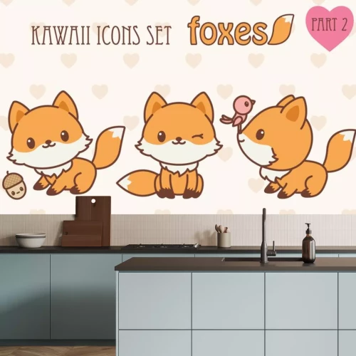 Sticker Drei Füchse und ein rosa Vogel