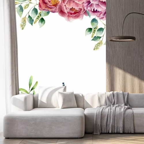 Fototapete Horizontale Komposition mit Aquarell-Pfingstrosen und Zweigen