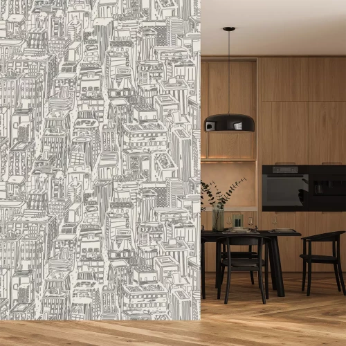 Sticker Vintage Design Zeitungsdruck Hand gezeichnet nahtlose Muster mit großen Stadt. Vektor-Illustration mit NYC-Architektur, Wolkenkratzer, Megapolis, Gebäude, Innenstadt.