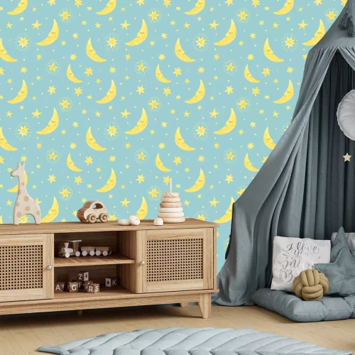 Tapete Gelbe Monde und Sternchen am Nachthimmel