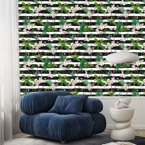 Tapete Tropische Palmenblätter und Orchidee-Blumenhintergrund. Nahtlose Muster