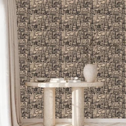 Tapete Vintage Design Zeitungsdruck Hand gezeichnet nahtlose Muster mit großen Stadt. Vektor-Illustration mit NYC-Architektur, Wolkenkratzer, Megapolis, Gebäude, Innenstadt.