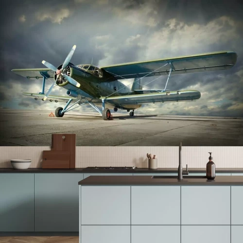 Fototapete Retro-Doppeldecker auf dem Flughafen Asphalt