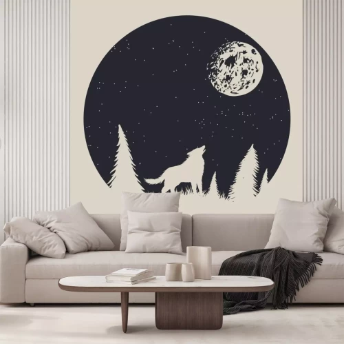 Sticker Wolf inmitten von Tannenbäumen und Vollmond