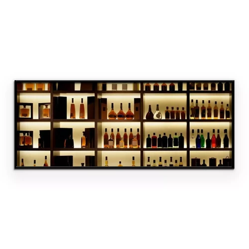 Poster Verschiedene Alkoholflaschen in einer Bar, Hintergrundbeleuchtung, Logos entfernt