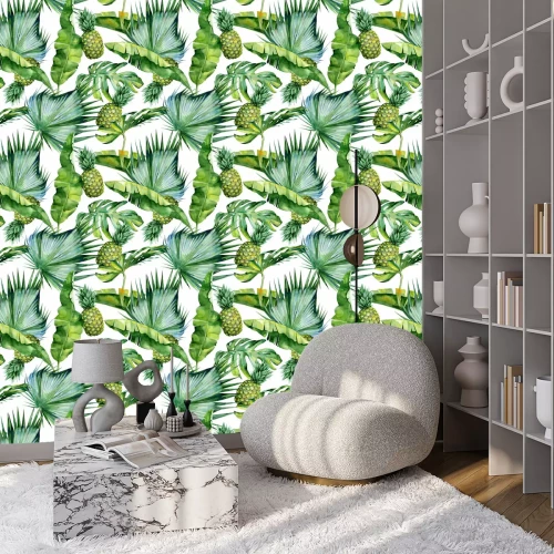 Tapete Tropische Fruchtananas und exotische Blätter