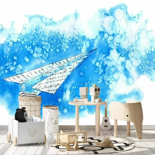 Sticker Papier Flugzeug im Himmel. Zusammenfassung image.Watercolor Hand gezeichnet Illustration.