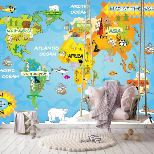 Fototapete Kinderweltkarte und Tiere