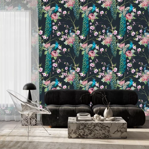 Tapete Pfauen und Zweige auf schwarzem Hintergrund