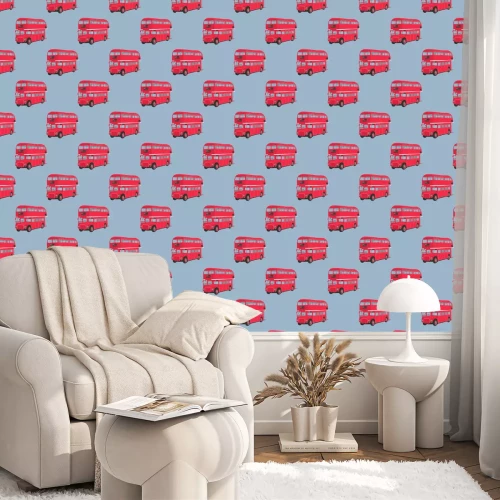 Tapete Nahtlose Muster mit London roten Bus. Doppeldecker roten Bus Vektor-Illustration. Öffentliche Verkehrsmittel. Retro-Bus auf blauem Hintergrund