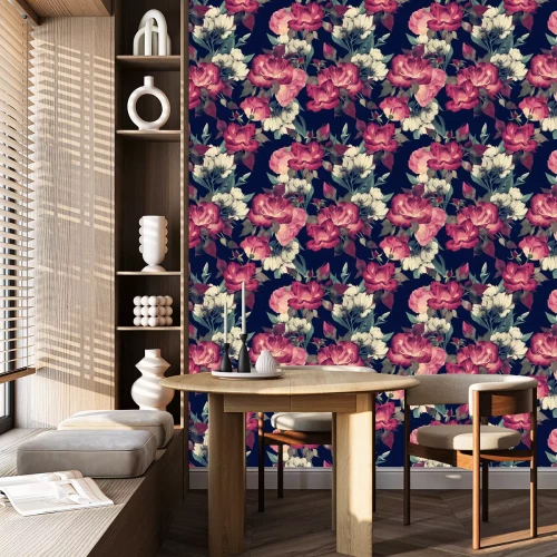 Tapete Violette Rosen und wei?e Blumen Zeichnung