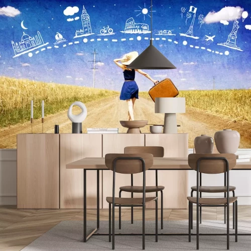 Sticker Einsames Mädchen mit Koffer an der Landstraße träumen über das Reisen.