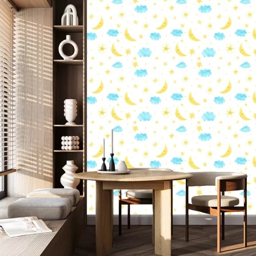 Tapete Kleine Aquarellsterne Mond und Wolken