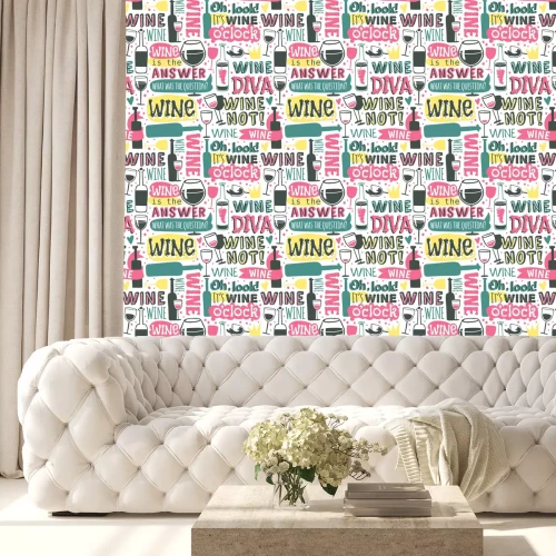 Tapete Flaschen und Gläser Wein nahtlose Muster Text Vektor-Illustration.