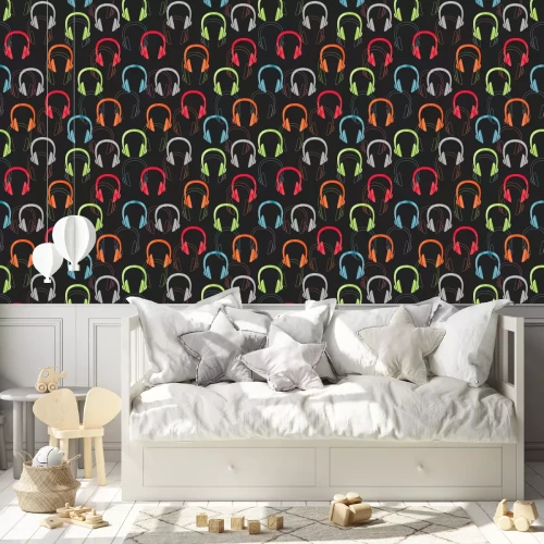 Tapete Bunte Kopfhörer nahtlose Muster. Vector Musik Hintergrund mit Kopfhörer.