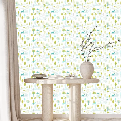 Tapete Wald mit Tieren und einem kleinen Haus