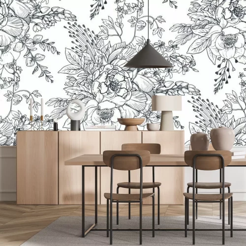Fototapete Schwarz-Weiß Muster mit Blumen