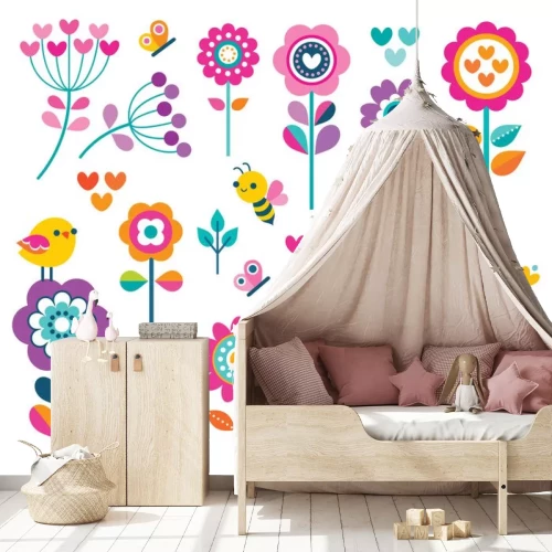 Sticker Blumen Vögel Bienen Schmetterlinge mehrfarbige Illustration