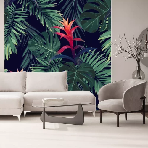 Fototapete Rote Blume auf Blätterhintergrund