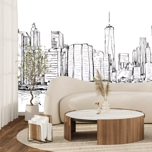 Sticker Skizze des Stadtbildes in New York zeigen Manhattan Midtown mit Wolkenkratzern, Illustration Vektor