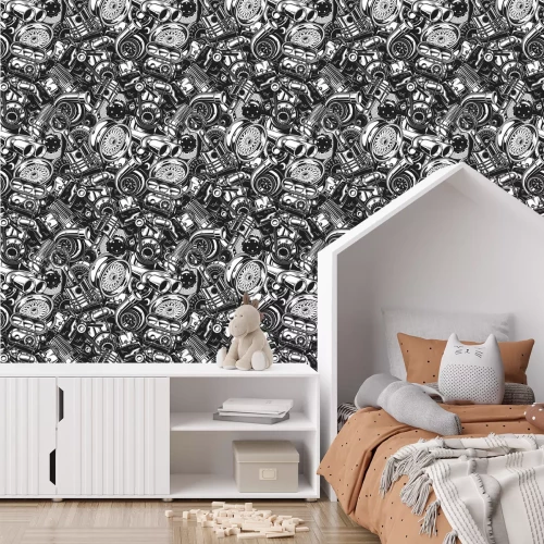 Tapete Autoteile in Schwarz und Weiß