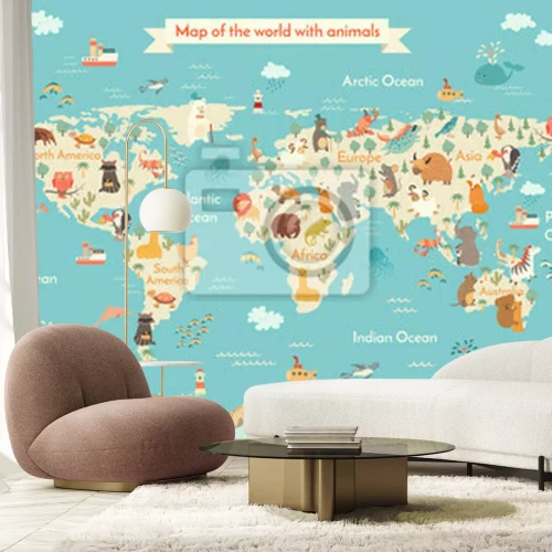 Fototapete Tierarten auf einer Cartoon-Weltkarte