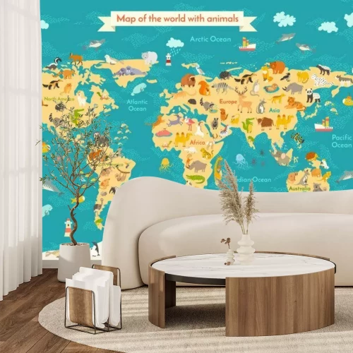 Fototapete Weltkarte mit Tieren für Kinder