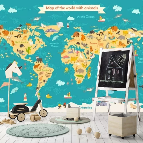 Fototapete Weltkarte mit Tieren für Kinder