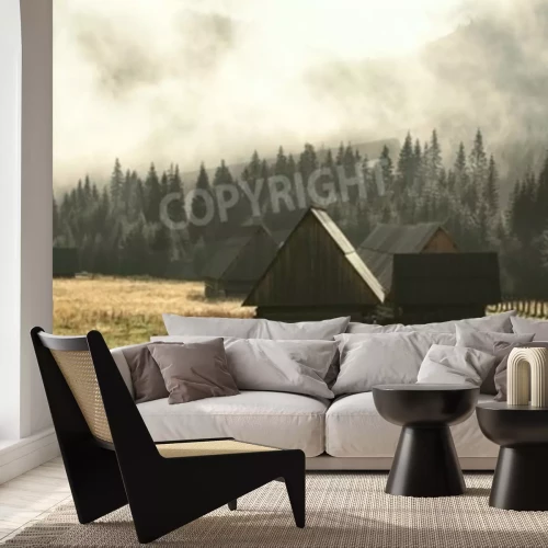 Fototapete Hütten mit wald im hintergrund