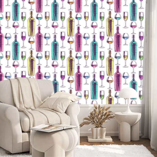 Tapete Nahtlose Weinflaschen und Gläser