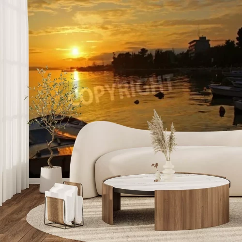Fototapete Sonnenuntergang und Boot