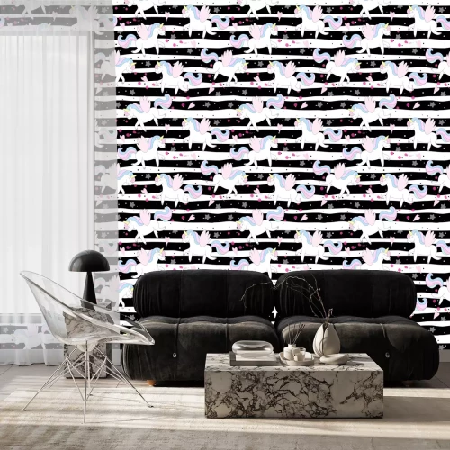 Tapete Grafiken mit Einhörnern auf gestreiftem Hintergrund