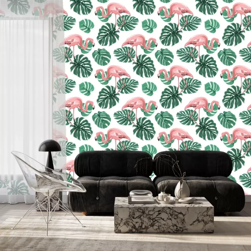 Tapete Tropischen Flamingos und Monsterablättern