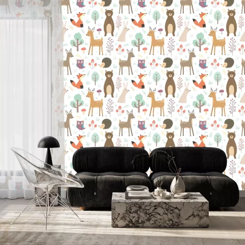 Tapete Waldtiere auf weißem Hintergrund