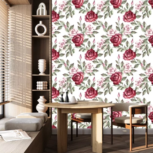 Tapete Bordeauxrote Rosen mit Buntstiften gemalt romantische Grafik