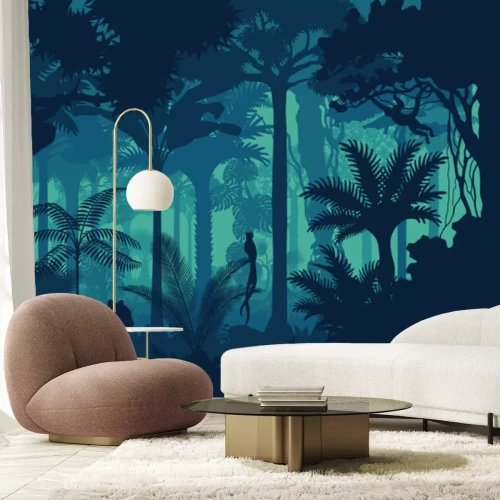 Sticker Vektorabend tropischen Regenwald Dschungel Hintergrund mit Jaguar, Faultier, Affe und qetzal