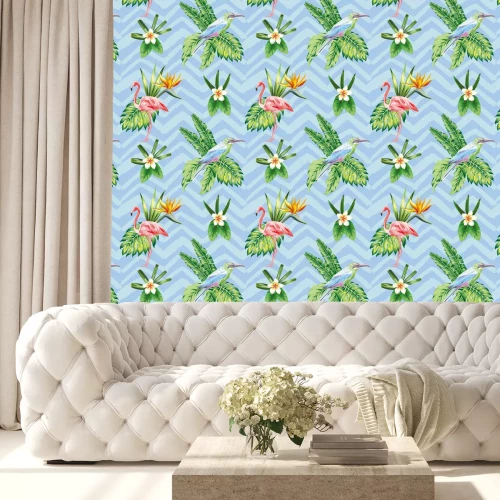 Tapete Nahtlose Zusammensetzung der tropischen Vogel Blumen und Pflanzen blau Zickzack Hintergrund