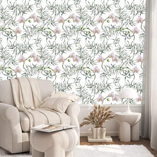 Tapete Aquarell-Tropenmuster mit Eukalyptus und weißen Orchideen. Hand bemalte exotische Ornament mit Zweigen mit Blättern isoliert auf weißem Hintergrund. Natürlicher Druck für Design, Stoff.