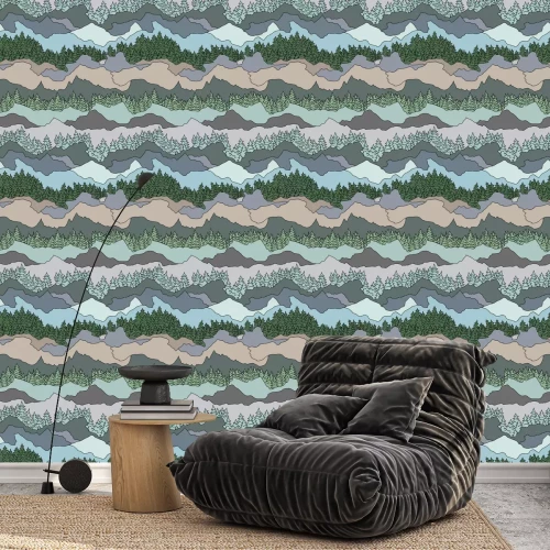 Tapete Nahtlose Muster mit Bäumen und Bergen
