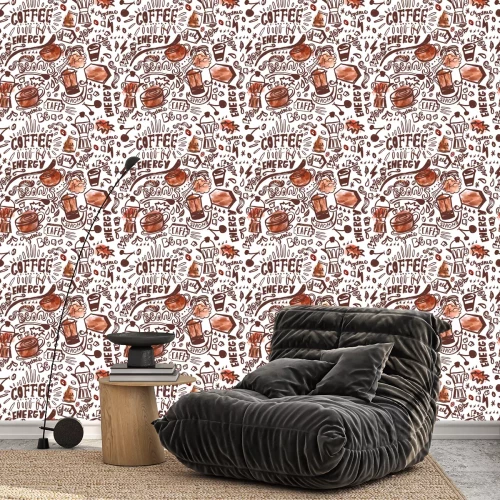 Tapete Nahtlose Tinte doodle Kaffee Muster auf weißem Hintergrund mit Aquarell Flecken, Hand gezeichnet Vektor-Illustration