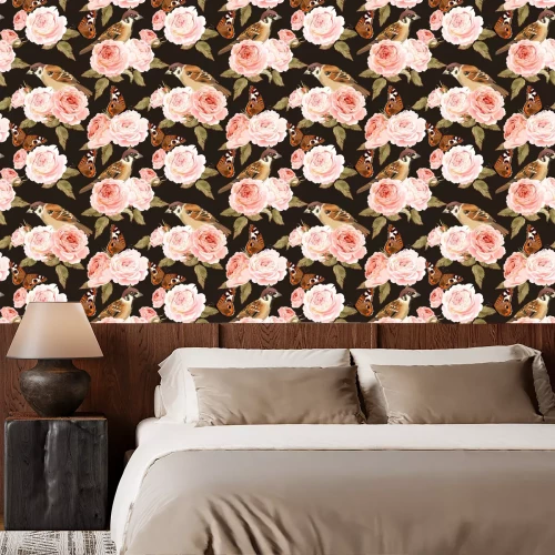 Tapete Englische Rosen kleine V?gel und Schmetterlinge