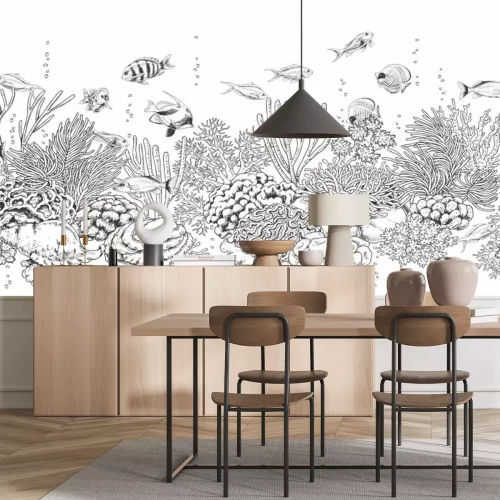 Fototapete Fische und Korallenriff schwarz weiß minimalistisches Muster