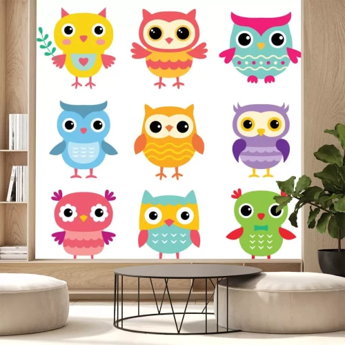 Sticker Isolierte niedliche Cartoon Eulen gesetzt