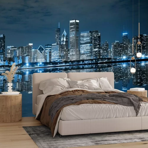 Fototapete Wolkenkratzer in Chicago spiegeln sich nachts im Wasser