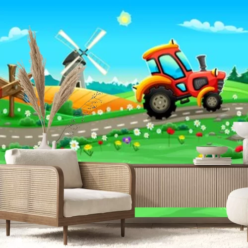Fototapete Märchenhafter Traktor auf dem Land für Kinder
